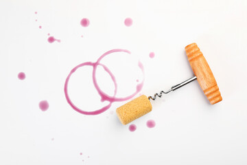 Corkscrew, cork and red wine stains on white background, top view