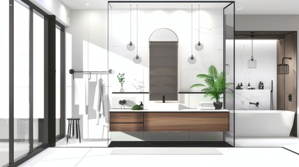 Modern Bathroom Interior with Glass Shower and Natural Elements