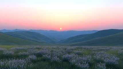 3d landscape modeling of a serene valley at dawn with vibrant flowers tranquil waters and misty mountains in view