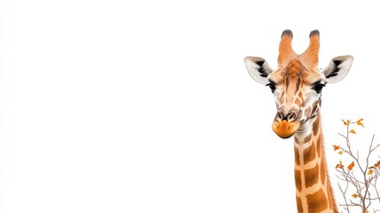 Fototapeta premium Close-up of a giraffe's head with a minimalist background featuring orange flowers
