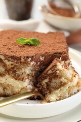 Delicious tiramisu with mint on plate, closeup