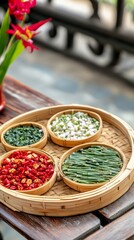 qingming, bamboo, tray, festival, tradition, food, Traditional rice cakes on bamboo tray, cherry blossoms in soft focus, warm golden light, rich colors