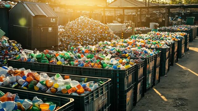 landscape of sorted recyclable materials, rows of organized bins under sunlight