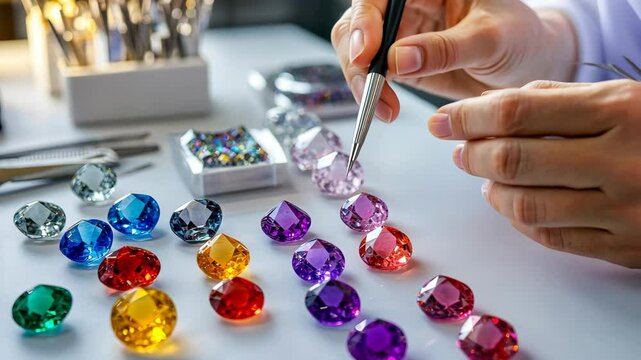 Gemologists examining gemstone authenticity with advanced tools, vibrant colored gems on display in clean modern workspace