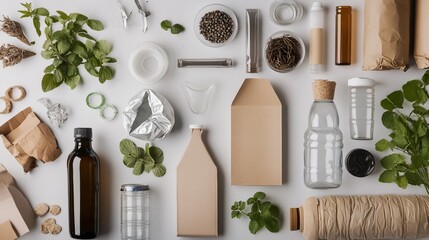 Assortment of packaging materials and natural elements on a white background