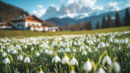Obraz premium Close-up of white snowdrops flowers in a meadow in front of a wooden house in the mountains.