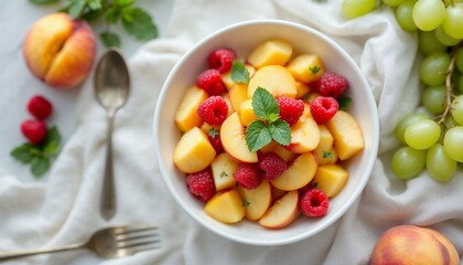 Delicious Peach Raspberry Fruit Salad with Grapes and Fresh Mint