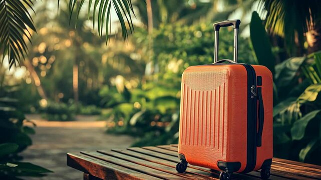 Expandable suitcase with a bright orange finish, resting on a wooden bench with blurred lush tropical scenery.