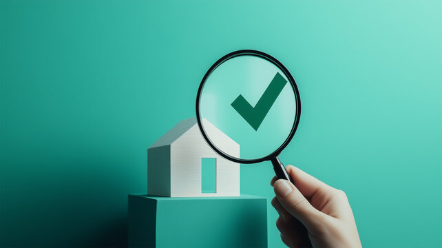 白い木製家模型と黒い虫眼鏡