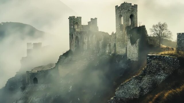ancient castle ruins on a hilltop, surrounded by mist, haunting and mysterious, perfect setting for a historical adventure or fantasy story