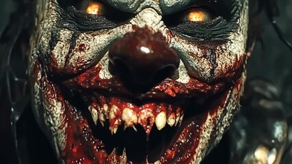 Sinister character with intense expression and bloodied face in dark setting during a night scene