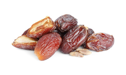 Tasty dried dates and seeds isolated on white
