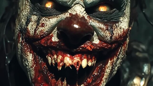 Sinister character with intense expression and bloodied face in dark setting during a night scene