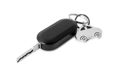 Car key with keychain isolated on white. Buying auto