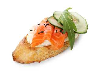Delicious bruschetta with cream cheese, salmon and cucumber isolated on white
