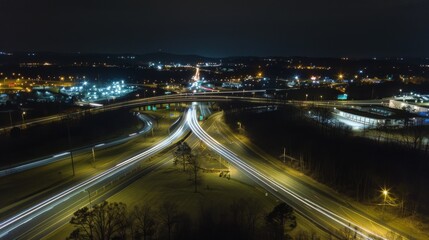 Fototapeta premium Aerial Drone Perspective of Intricate Highway Interchange Network in Urban Area Captured from Above Providing Bird's Eye View of Roadway Connectivity and Traffic Flow