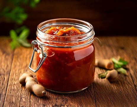 a jar of tamarind chutney isolated on a wooden table