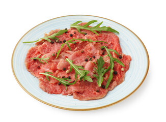 Fresh beef carpaccio with arugula and peppercorns isolated on white