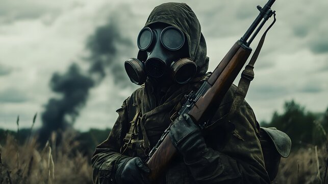 Figure in gas mask holding rifle amidst smoke and desolate landscape