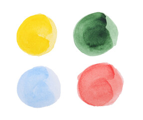 Paper with painted watercolor samples on white background, top view