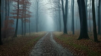 Misty forest path with leaf-covered ground leading into the distance on a calm autumn day - Powered by Adobe