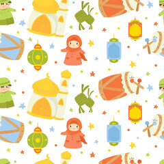 Cute Ramadan, Eid al Fitr seamless pattern in doodles style. Kawaii Ramadan cartoon vector pattern background.