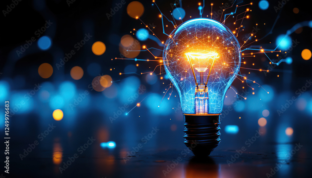 Poster glowing lightbulb network idea concept image