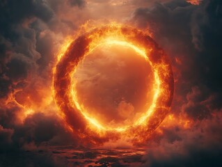 Fiery ring in dramatic cloudscape reflecting on water