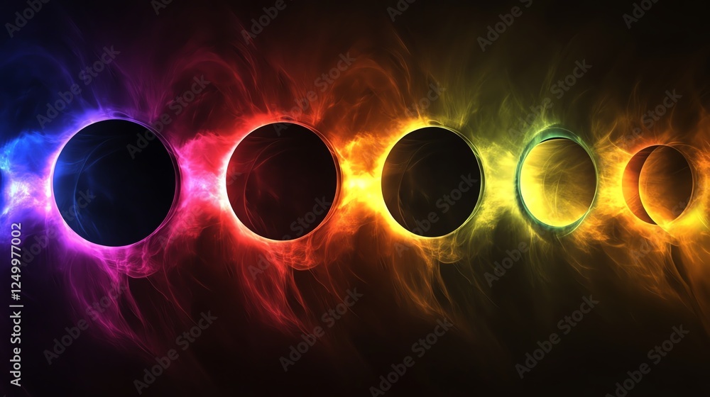 Poster celestial transformation depicted through colorful phases of an eclipse against a dark backdrop