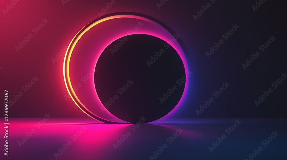 Poster colorful neon circles and a black sphere create an abstract visual display at night