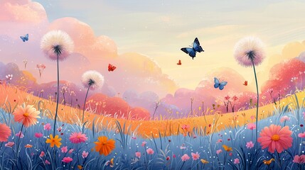 Pastel Dandelion Field at Sunset with Butterflies
