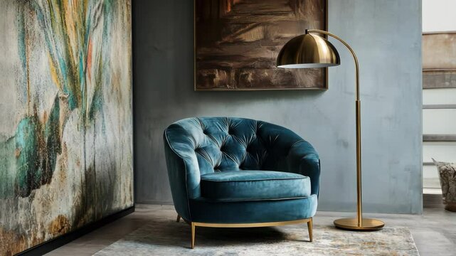 Brass floor lamp with a curved arm and a dome-shaped shade, standing beside a velvet armchair in a cozy living room corner.