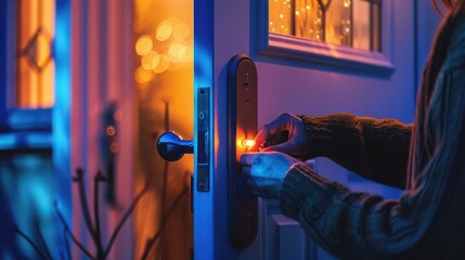 A person locking the front door of their home at night, with a glowing light representing home security and insurance.