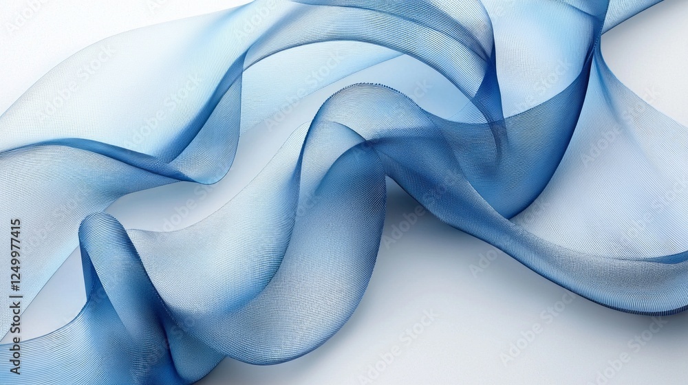 Poster Delicate layers of translucent blue fabric twist and curl, showcasing an abstract design that evokes a sense of fluidity and grace. This composition highlights the beauty of movement and light