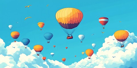 Fototapeta premium Hot air balloons soar over clouds in blue sky, adventure travel concept