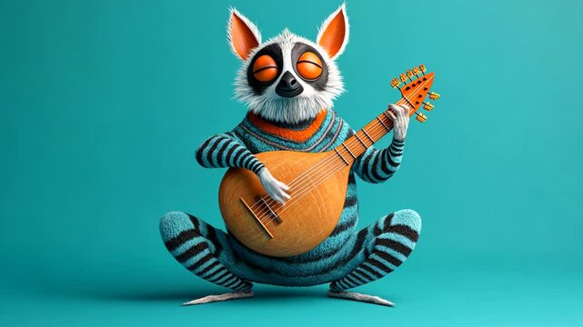 Playful cartoon character strumming a mandolin while sitting on a vibrant blue background