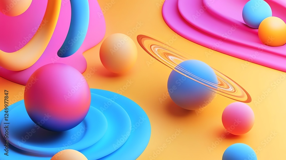 Poster brightly colored abstract shapes and spheres create a playful visual exploration of space and geomet