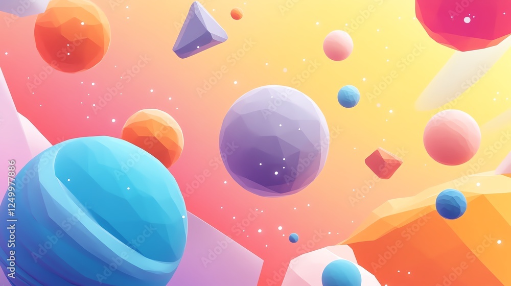 Poster colorful abstract space scene with floating geometric shapes and planetary forms in a playful cosmic