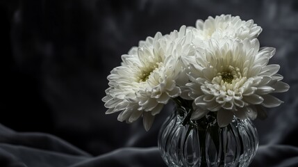 "Qingming Festival: Close-up of white chrysanthemums in crystal vase, morning dew drops on petals, dark moody background with subtle mist, dramatic side lighting, monochromatic tones