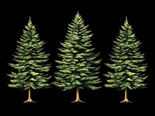 Obraz premium Three illustrated fir trees against black background
