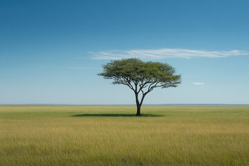 Obraz premium Solitary Tree Stands Tall in Serene Grassland Under a Vast Blue Sky, Evoking Tranquility and Peace.