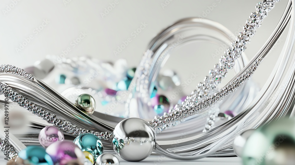 Poster decorative beads and metallic strands create a vibrant display on a smooth surface