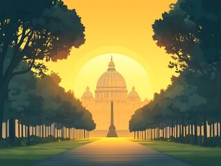 Obraz premium Sunrise over cathedral, tree-lined avenue