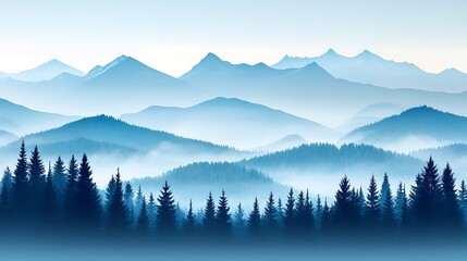 Obraz premium Misty mountain range with forest silhouettes, serene landscape, peaceful view, nature wallpaper, use in print/digital media