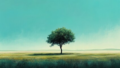 Fototapeta premium Lone Tree Stands Tall in Serene Field Under a Vast Sky, Evoking Tranquility and Peace in Nature's Embrace