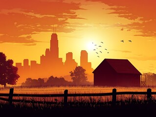 Obraz premium Rural barn with city skyline at sunset