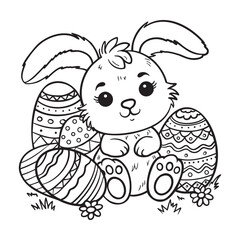 Cute Easter bunny sitting among decorated eggs. Black and white coloring page for kids with a festive holiday theme. Adorable spring illustration perfect for Easter crafts, greeting cards.