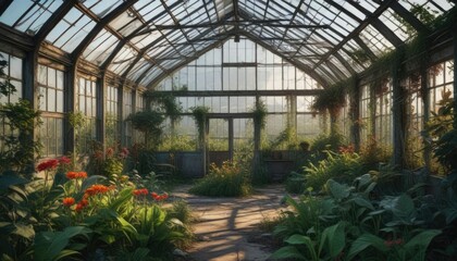 Fototapeta premium Abandoned and overgrown greenhouse at Fleetwood, fleetwood, flowers, natural beauty