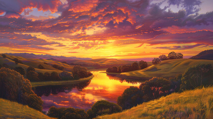 Naklejka premium Panoramic Serenity: Sunset Over Rolling Hills and Tranquil River