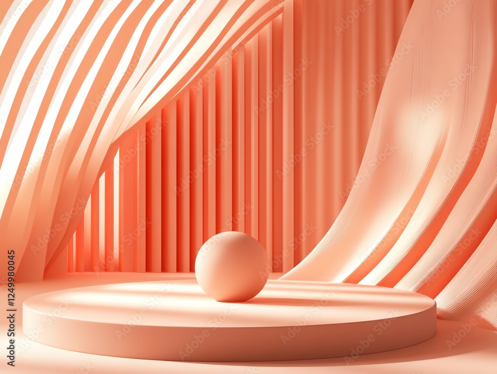 Poster soft coral backdrop features a smooth sphere in a minimalist design setting